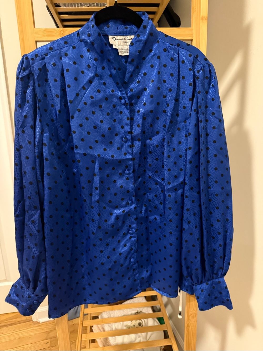 Oscar de la Renta Royal Blue Silk Polka Dot Blouse